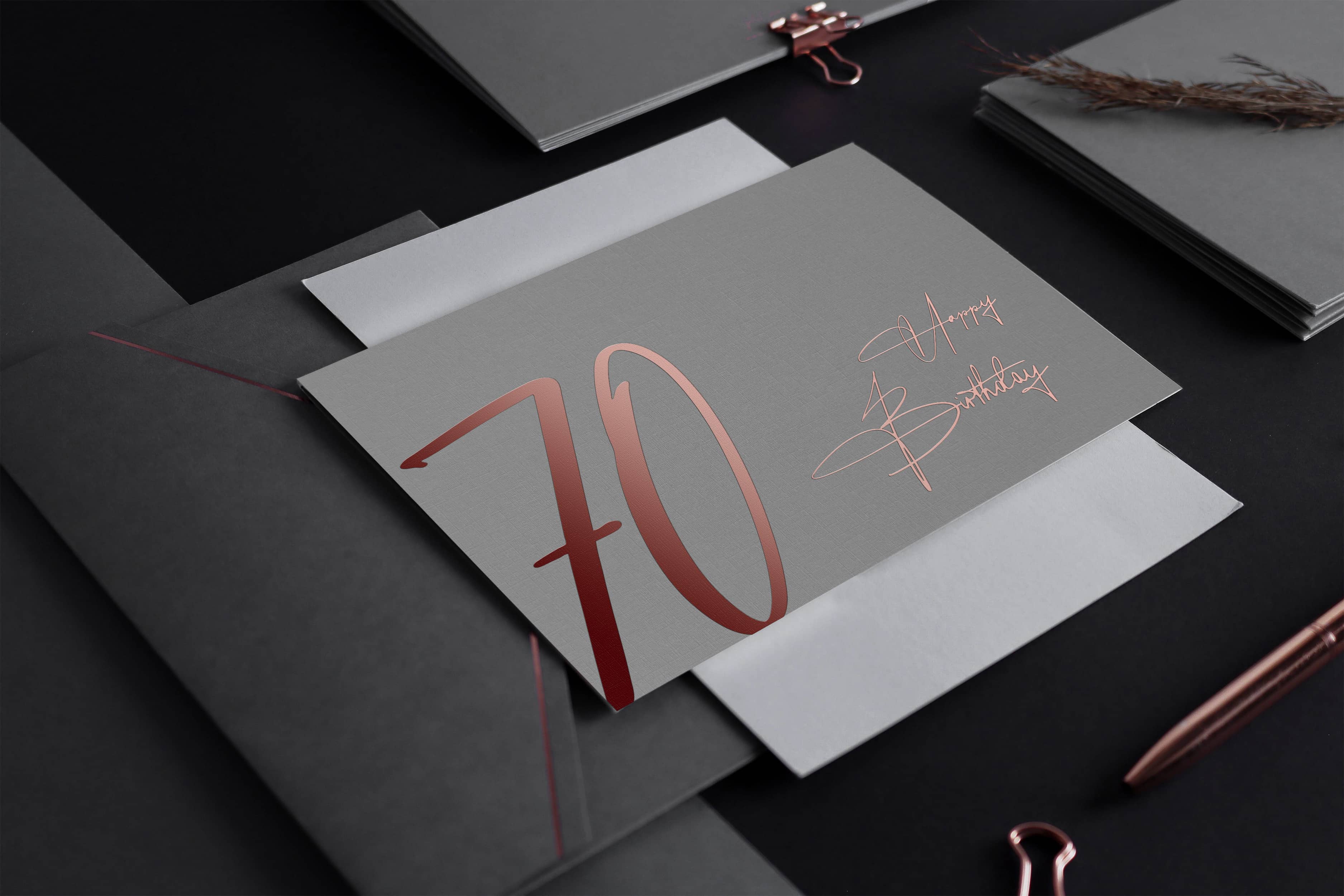 Klappkarte zum 70 Geburtstag Happy Birthday Grau rosegold
