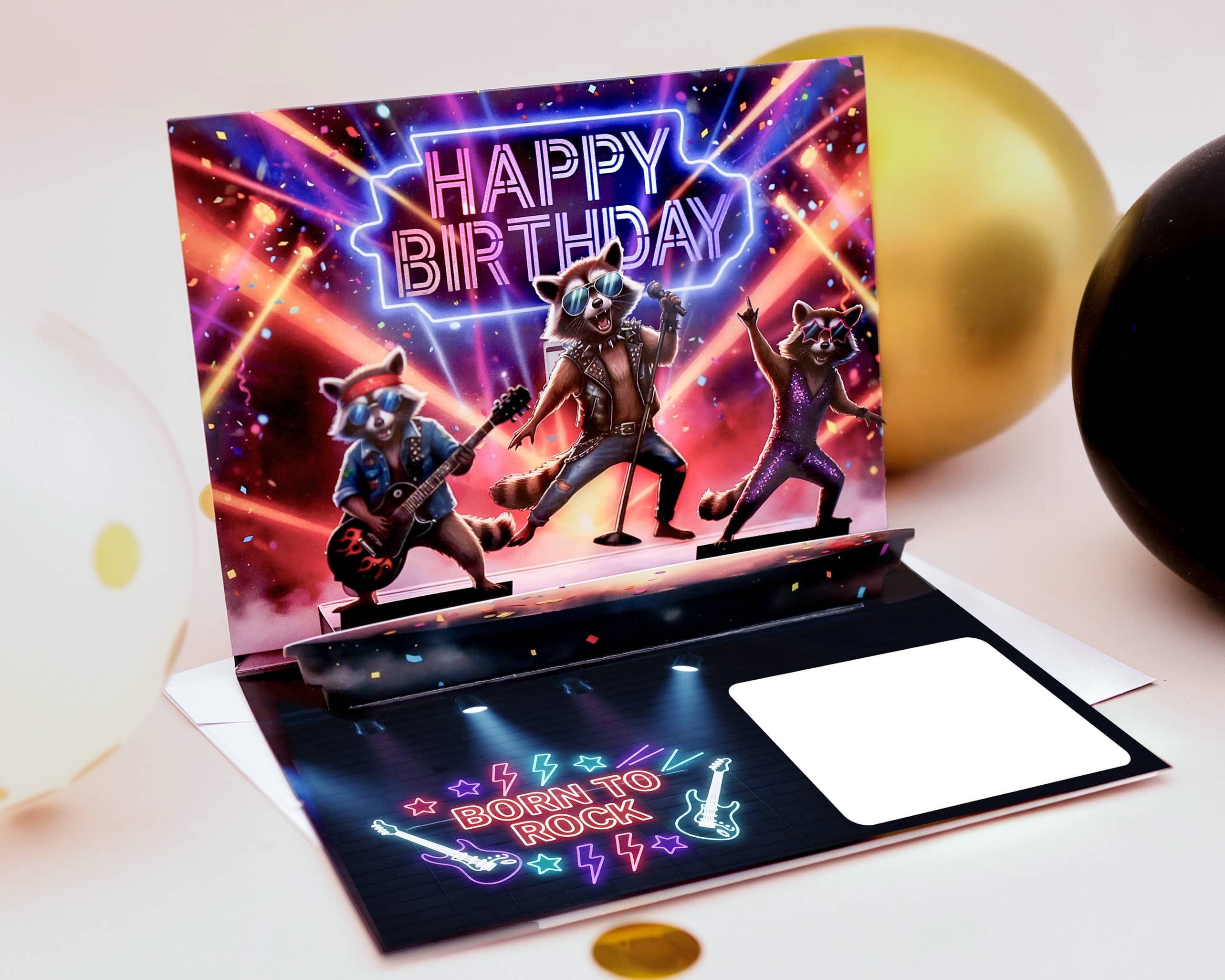 Geburtstagskarte Pop up 3D mit Musik und Licht Waschbär born to rock Geschenk JoliCoon