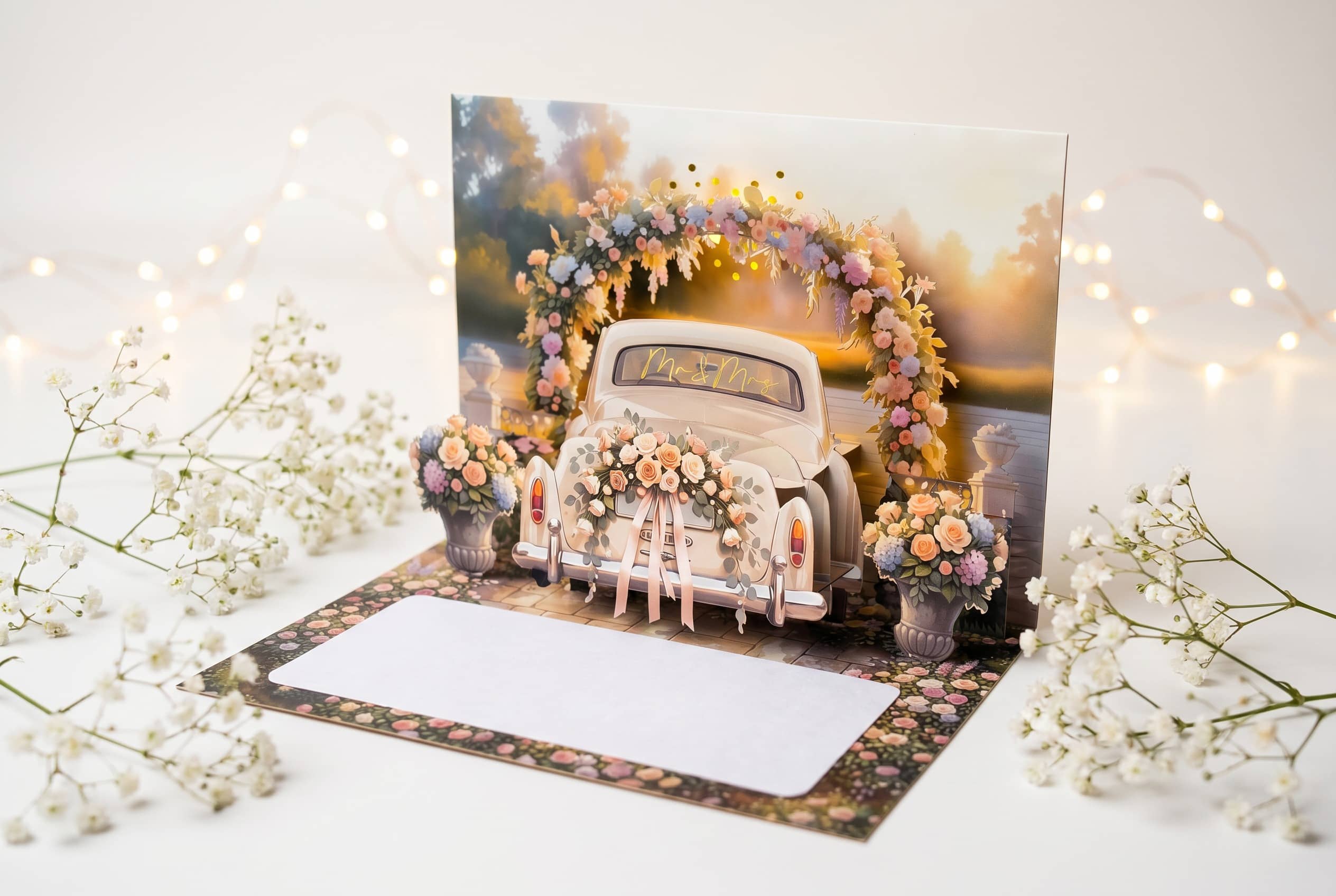 Geschenk zur Hochzeit für Brautpaar Geldgeschenk PopUp Karte Hochzeitsauto mit Kuvert und Siegel und Musik und Licht JoliCoon