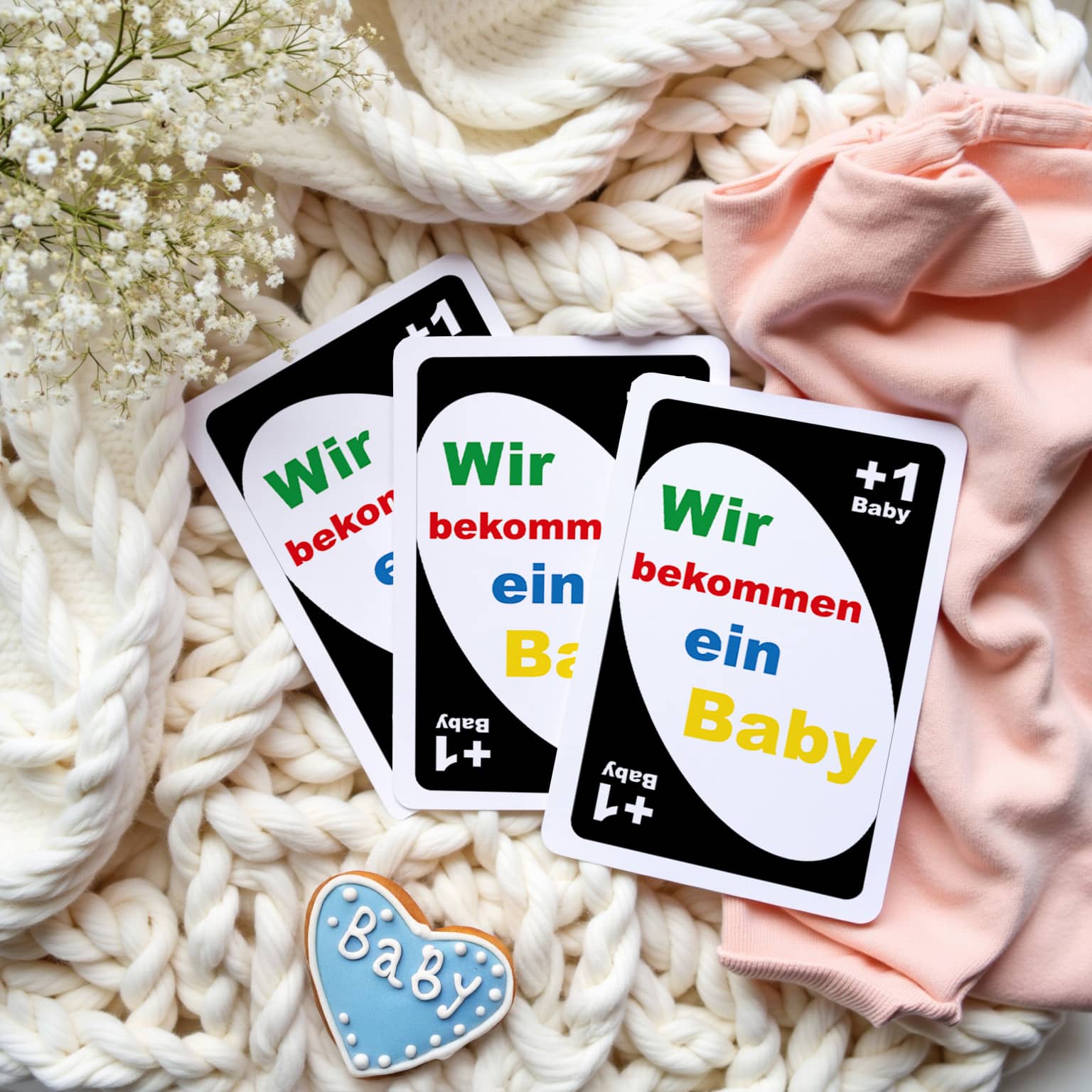 Wir bekommen ein Baby UNO Karten Aufleber Sticker Schwangerschaft verkünden lustig Jolicoon