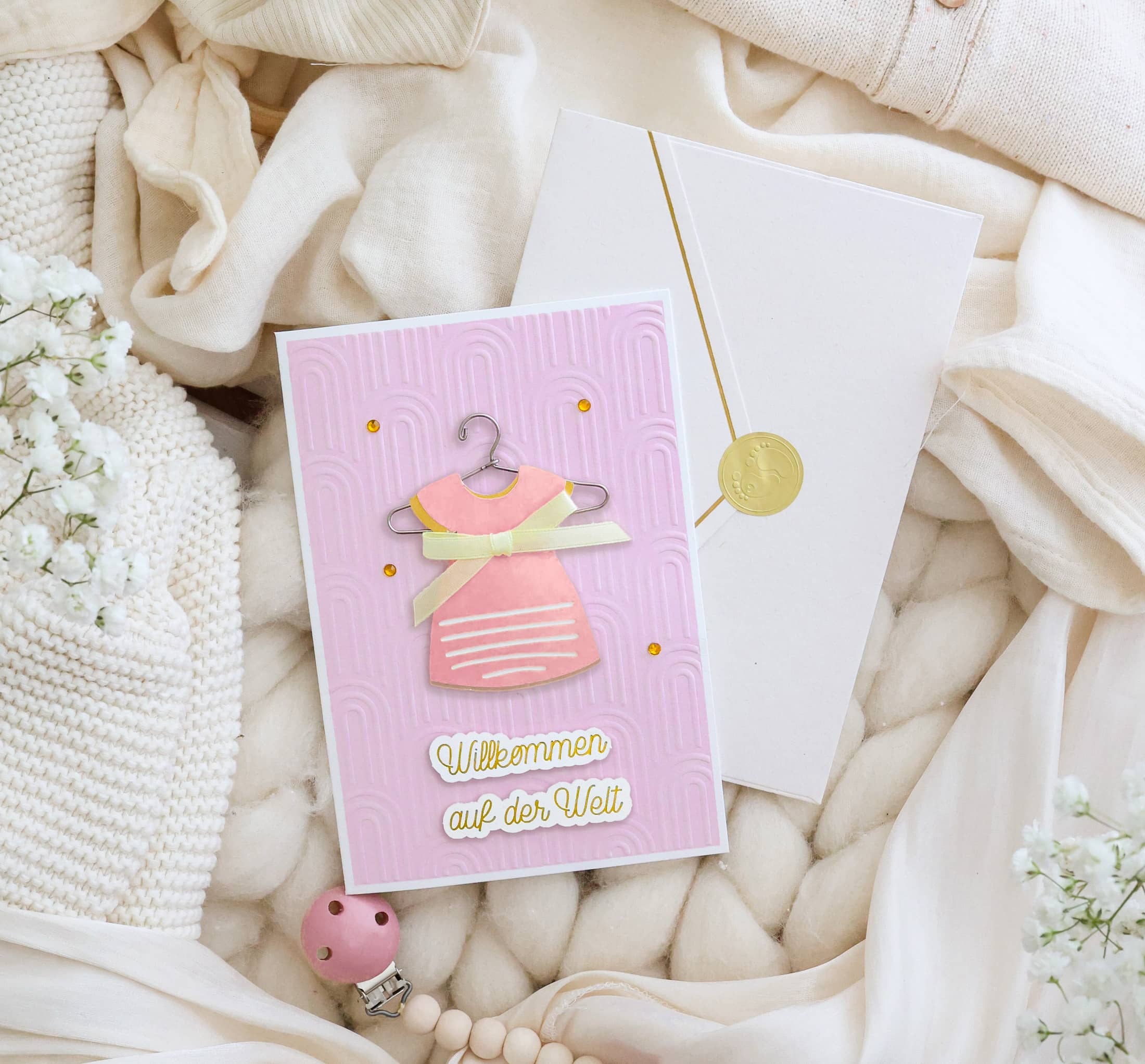 Karte zur Geburt Mädchen Signature mit Kuvert und Siegel JoliCoon
