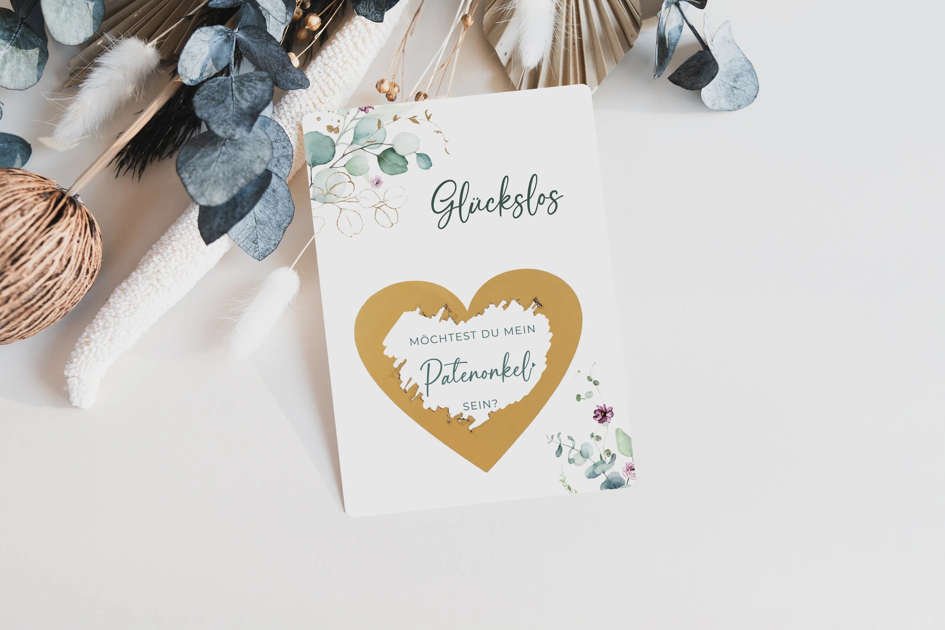 Patentante fragen - Patenonkel fragen - Rubbelkarte Eukalyptus - JoliCoon