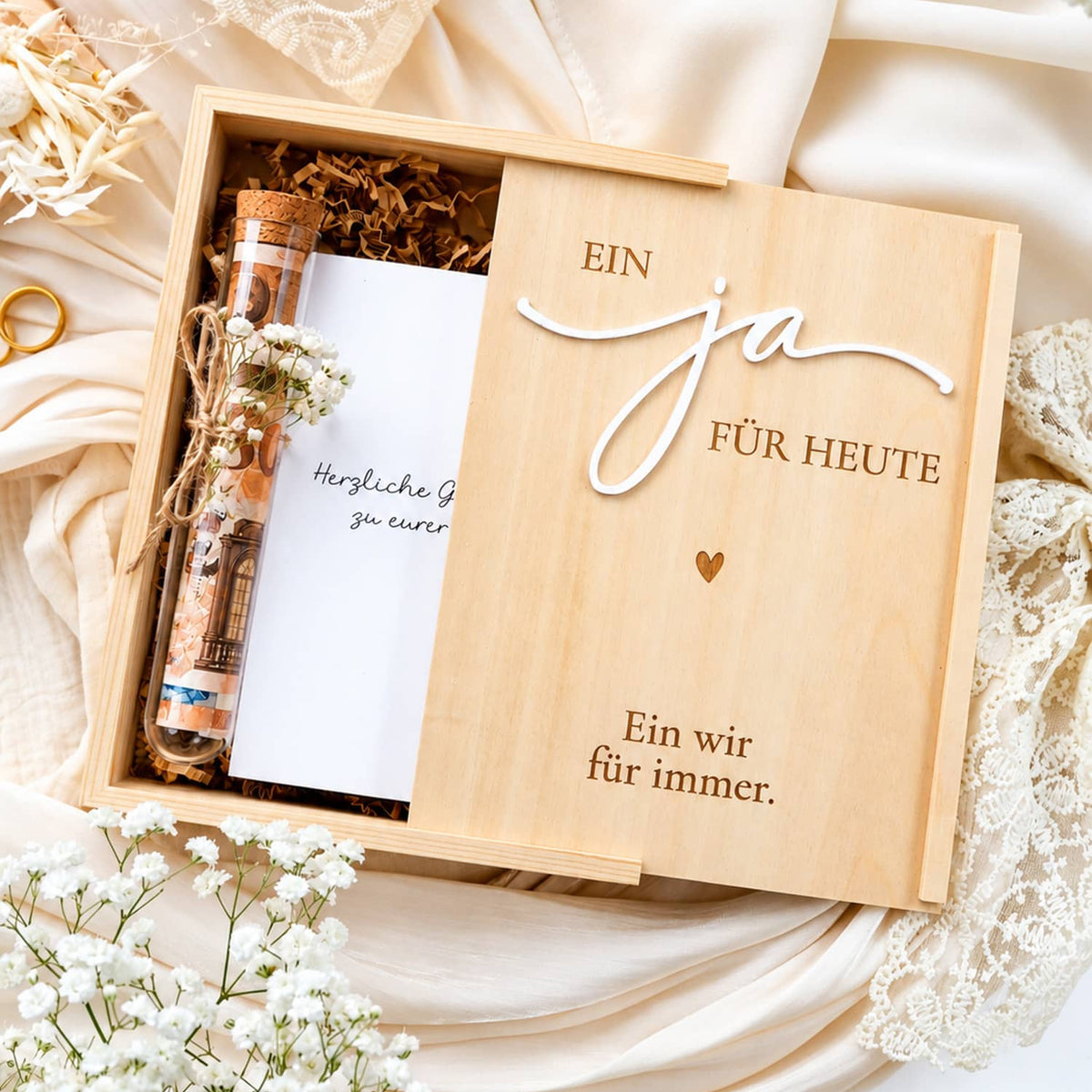 Hochzeitsgeschenk für Brautpaar Holzbox für Geldgeschenk mit Karte und Trockenblumen JoliCoon