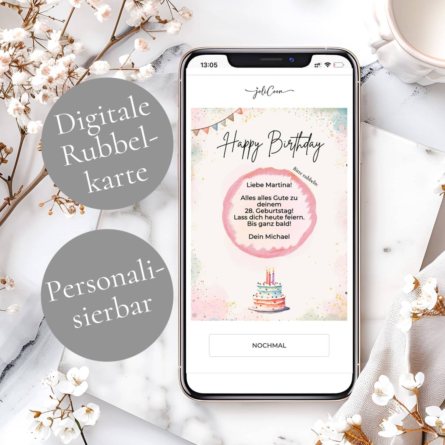 Happy Birthday digitale Rubbelkarte Jolicoon