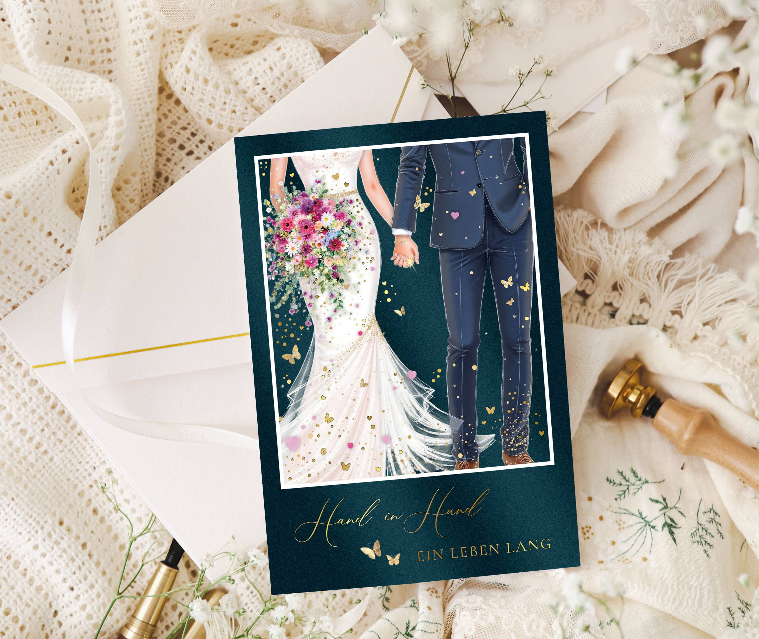Hochzeitskarte STARDUST Hand in Hand mit Kuvert und Siegel Geschenk JoliCoon