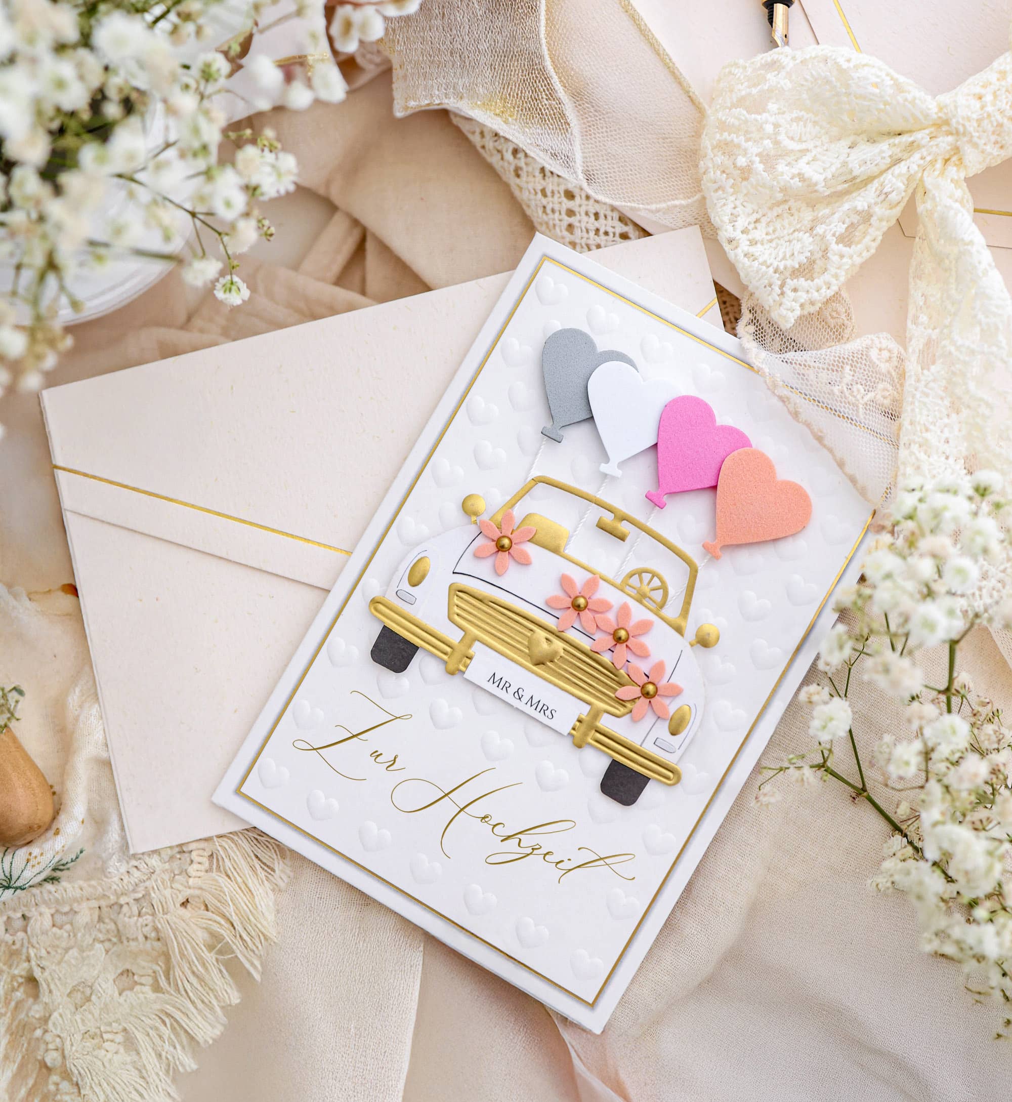 Hochzeitskarte in 3D lLayer Optik mit Kuvert und Siegelsticker Geschenk JoliCoon
