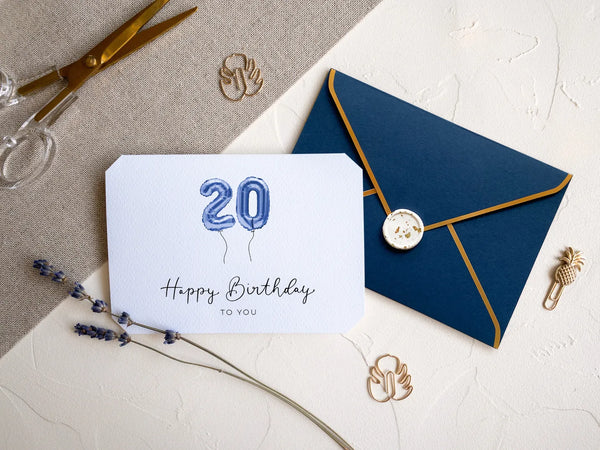 20 Geburtstagskarte mit blauem Kuvert und Wachssiegel - JoliCoon