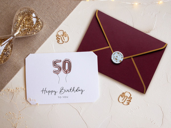 50 Geburtstagskarte mit rotem Kuvert und Wachssiegel - JoliCoon